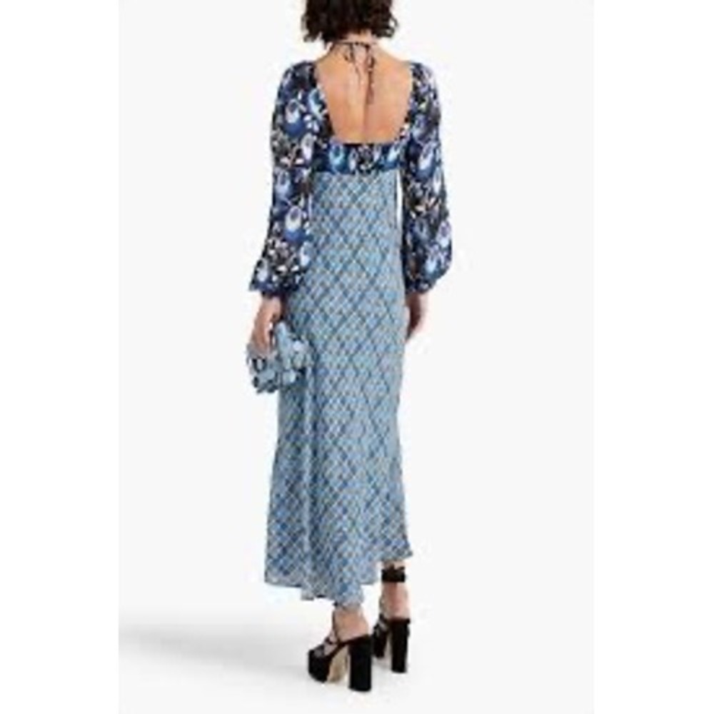 Rixo Jeanie Blue Mixed Print Maxi Dress US 12 Sheer Chiffon Bias Cut Low Back - Picture 2 of 7